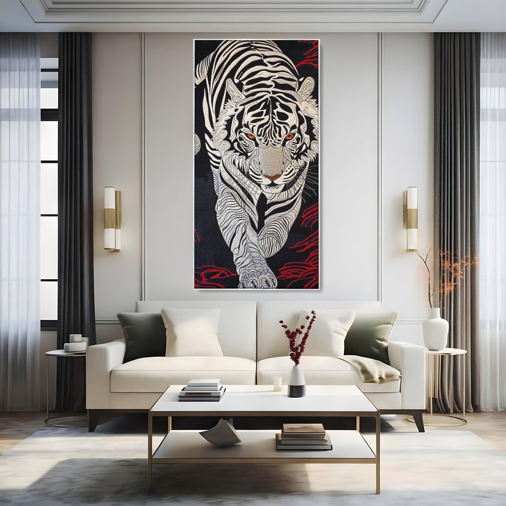 Tablou Canvas Vertical cu Tigru Alb pe Fundal Negru, Negru si Alb, M1429